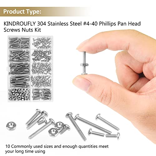 242 Pieces #4-40x 3/16", 1/4", 5/16", 3/8", 1/2", 5/8", 3/4", 7/8", 1", Phillips Pan Head Machine Screws Nuts Assortment Kit, 304 Stainless Steel, Fully Machine Thread - size: #4-40