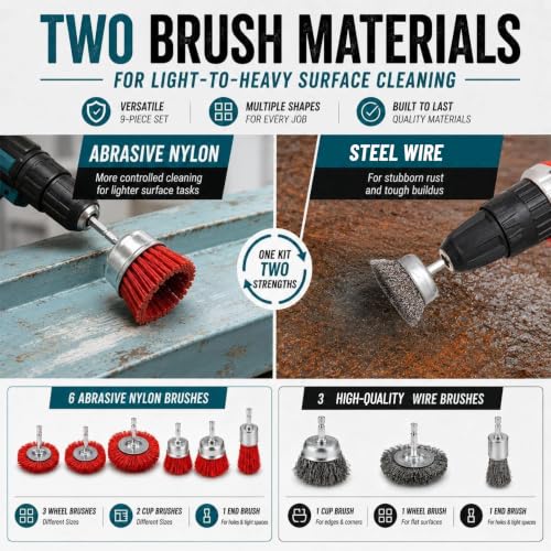 9-Piece Drill Brush Set, 6 Abrasive Nylon Brushes & 3 Wire Brushes for Drill, Wheel Cup and End Brushes with 1/4 Inch Hex Shank for Rust Removal, Paint Stripping and Surface Preparation
