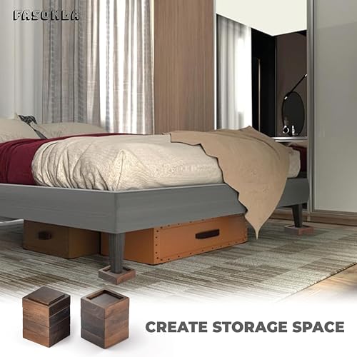 FASONLA Bed Risers, Furniture Risers (Set of 8) Lifts Height 1", 2", 3" or 4", Solid Natural Wood Risers, Non-Slip Recessed Hole to Heavy Bed/Furniture (Walnut Color) - color: Walnut Color