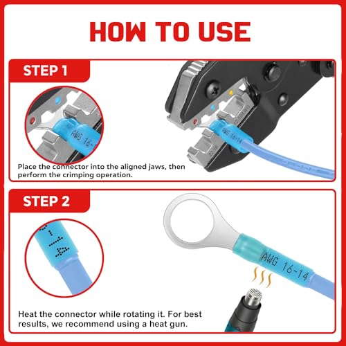 Wire Crimping Tool AWG 22-10 with 120PCS Heat Shrink Wire Connectors, Electrical Crimping Tool for Heat Shrink, Nylon, Non-Insulated Connectors, Wire Crimper Kit for Ring Fork Spade Splice