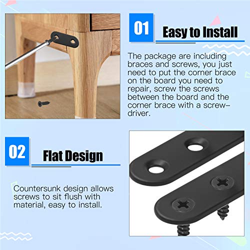 Glarks 134Pcs Black Corner Brace Set, 24Pcs L Shape Bracket and Flat Bracket Metal Joint Plate Fastener with 110Pcs Screws for Wood Wood Chair Bookshelf Board Window Furniture Cabinet