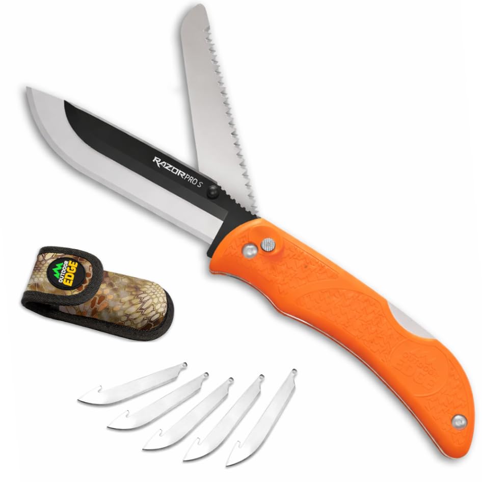 OUTDOOR EDGE RazorPro S - RazorSafe Replaceable Blade 3.5" Folding Knife with Saw and Camo Nylon Sheath (Orange, 6 Blades) - style: RazorPro (Saw)