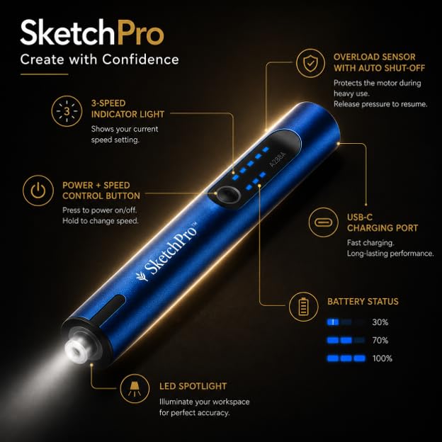SketchPro Cordless Engraving Pen with LED Light – 3-Speed Precision Etching Tool for Wood, Metal, Glass & Plastic – USB-C Rechargeable, 26 Accessories – Ideal for DIY, Jewelry & Craft Projects