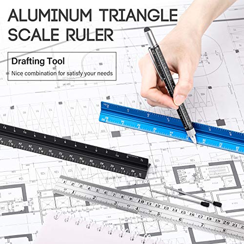 6 Pcs 12 Inch Architectural Engineering Scale Ruler Set Aluminum Triangular Drafting Tool with Metal Standard Ruler and 6 in 1 Tech Tool Pen for Architects, Draftsman and Engineers Drafting Blueprints