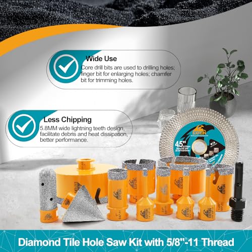 Tile Hole Saw Kit 13pcs - 6/6/8/19/25/35/50/75/102mm Diamond Core Drill Bits, 4/5 Inch Milling Bit + 2 Inch Chamfer Bit + Adapter + 4.5 Inch Grinding & Cutting Disc for Tile Marble Granite - size: Set 2