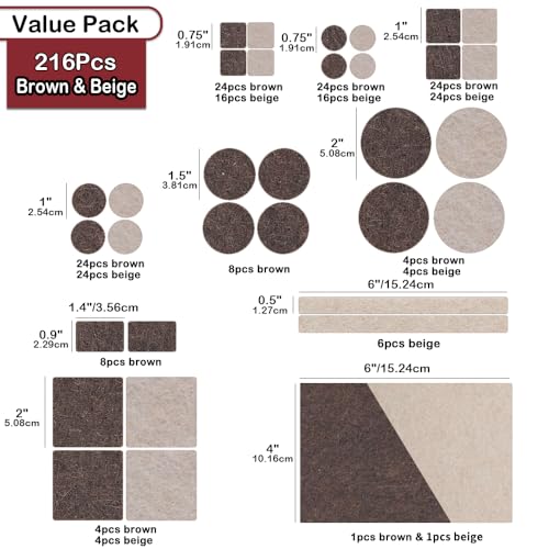 Yelanon Felt Furniture Pads for Hardwood Floors -216 Pcs Premium Felt Pads for Chair Legs, Floor Protectors for Furniture, Beige & Brown (Pack of 2) - size: 216 pcs Beige & Brown (Pack of 2)