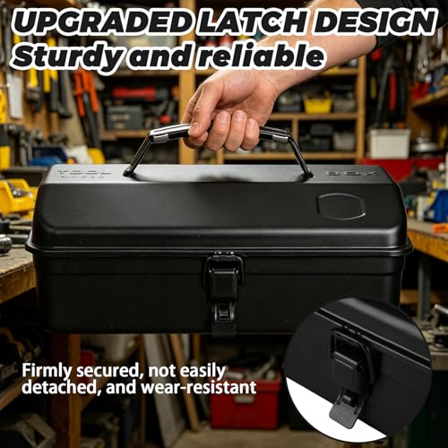 JMIATRY 12Inch Black Small Tool Box Metal Mini Tool Box with Locking Latch
