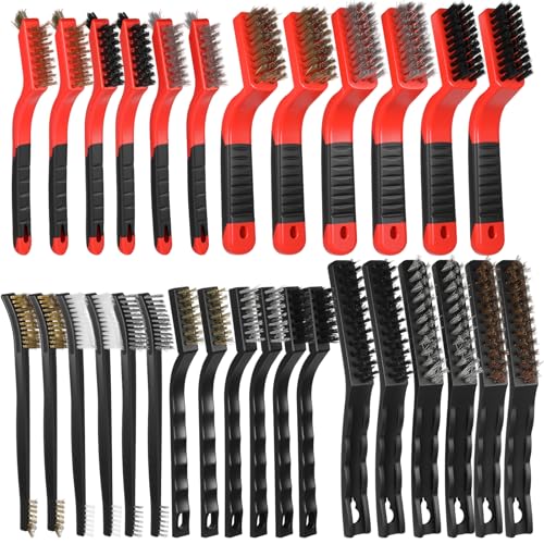 Kifmurase 30Pcs Wire Brushes for Cleaning Rust, Wire Cleaning Brush Set, Stainless Steel/Brass/Nylon Bristles, Metal Brush with Curved Handle Grip, Grip Paint Remover for Rust, Drill, Scrub