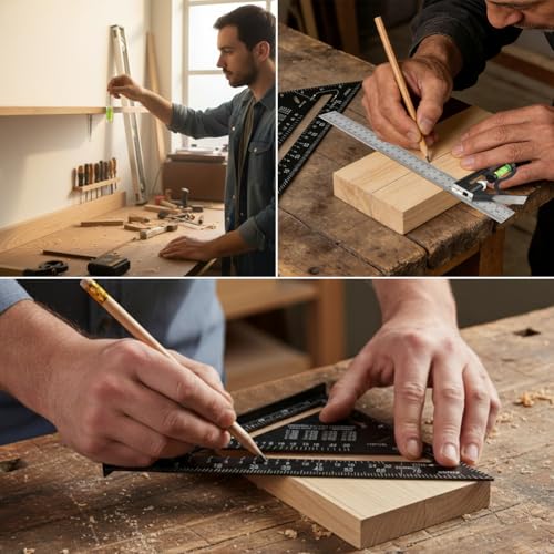 Rafter Square and Combination Square Tool Set, Including 7inch Carpenter-Square Wood Working Tool and Accessories, 12inch Square-Ruler(Color:Black)