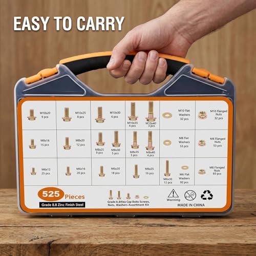 525PCS Metric Flanged Bolts and Nuts Kit, Grade 8.8 M6 M8 M10 Hex Flange Head Metric Bolts Screws Assortment, Automotive Grade Metric Bolts with Handy Storage Case - size: 525pcs Flanged M6 M8 M10