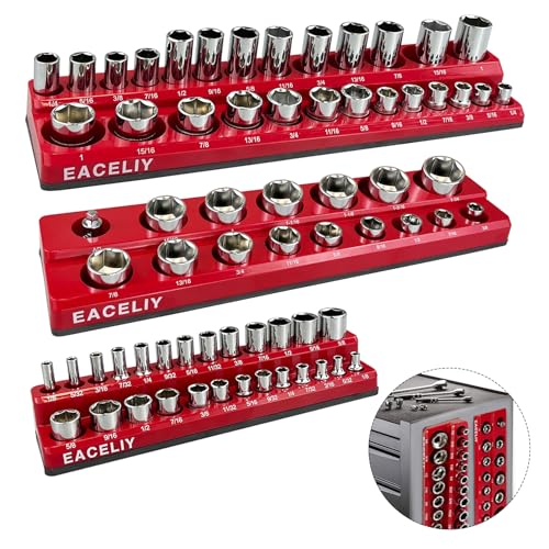EACELIY Magnetic Socket Organizer Set,SAE Socket Holder Kit, Socket Trays，holds 68 Deep and Shallow 3/8" Sockets(sockets not included) 丨3PC 1/2",1/4" and 3/8"（Red） - size: 3PCS SAE 1/2&3/8&1/4
