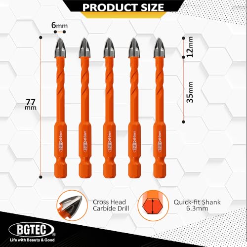 BGTEC Cemented Carbide Drill Bits Masonry Drill Bits, 5pcs Quick-fit Shank 6MM Cross Spiral Hard Alloy Drill Bit for Wood Plastic Masonry Ceramic Tile Concrete Marble - size: 5pcs 6mm