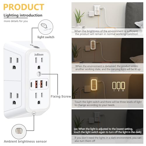 Wall Outlet Extender with Night Light, Power Plug Adapter 6 Outlet Extender with 4 USB Charging Ports 1050J Power Strip Multi Plug Adapter Spaced for Home Travel Office (2U2C)-ETL - color: White-1Pcs