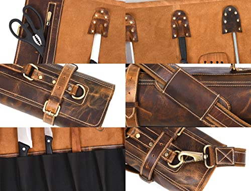 Aaron Leather Goods Vendimia Estilo Leather Knife Roll Storage Bag, Elastic and Expandable 10 Pockets, Adjustable/Detachable Shoulder Strap, Travel-Friendly Chef Knife Case Roll (Caramel, Leather) - color: Caramel
