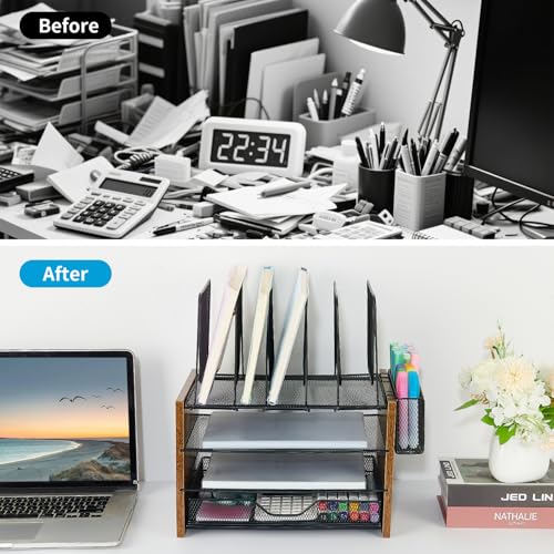 OPNICE Desk Organizer, 4-Tier Desktop File Organizer with Drawer and Pen Holders, Office Desk Accessories, File Sorters, Workspace Organizers for Office Supplies(Brown) - color: Wood Brown, size: 4T