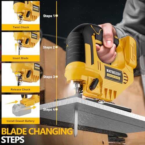 Jig Saw Compatible With Dewalt 20V Battery, NATBEESY Brushless Cordless jig saw tool, LED Work Light, 45° Beveled Cuts, Variable Speed 2900RPM, 3 Orbital Action, 6 Blades for Wood Cutting, Tool Only