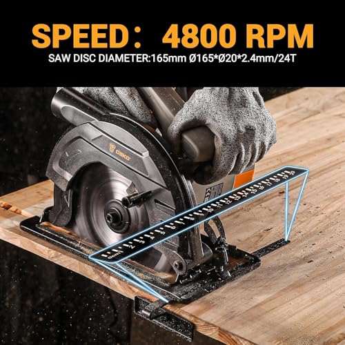 Circular Saw 1200W: DEKOPRO High-Power Saw with 165mm 24T Blade, 4800 RPM, Max Cut Depth 55mm (90°), 33mm (45°), Heavy-Duty Steel Base, Includes Guide Rai, Power Saw for Wood, PVC
