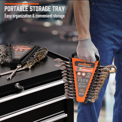 HORUSDY 24-Piece Ratcheting Wrench Set | Metric and SAE | 8-19 mm & 1/4” to 7/8“ | Ratchet Combination Wrenches Set with Organizer | 72-Teeth | Chrome Vanadium Steel - style: 24-Piece Ratcheting - Complete