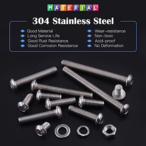 Glarks 260Pcs 13 Size M6 304 Stainless Steel Button Head Screws Hex Socket Cap Screws Bolts and Nuts Washers Assortment Kit with Hex Wrench for Machinery Furniture Car Repair - size: M6 screw assortment kit