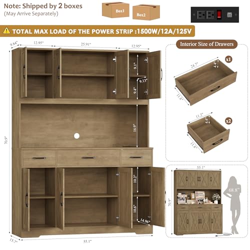 HOSTACK 71" Tall Kitchen Pantry Storage Cabinet, 55" W Kitchen Hutch, Brown | Large Pantry Cabinet with Charging Station / Countertop / 3 Drawers, Farmhouse Hutch Cabinet with Storage for Dining Room - color: Rustic Brown