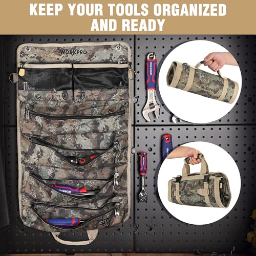 WORKPRO Camo Roll Up Tool Bag, 6-Pocket Organizer with Detachable Pouches - color: Camo