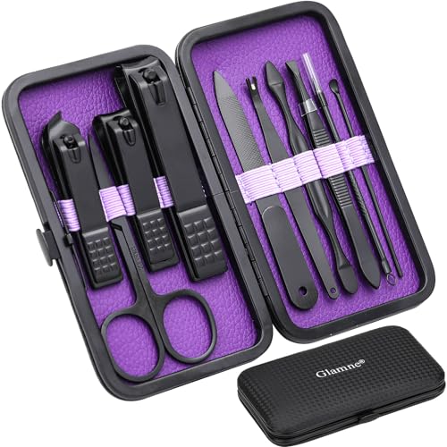 Glamne Manicure Set Nail Clippers Kit Professional Stainless Steel Nail Care Tools with Leather Travel Case 10 in 1 Purple - color: Purple