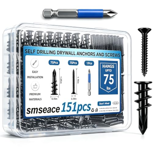 smseace 151Pcs Black Self Drilling Drywall Anchors with Screws Kit, 75Pcs #8 Self-Tapping Screw, 75Pcs Drywall Anchor, 1Pcs Drill bit Holds Upto 75lbs - color: Black