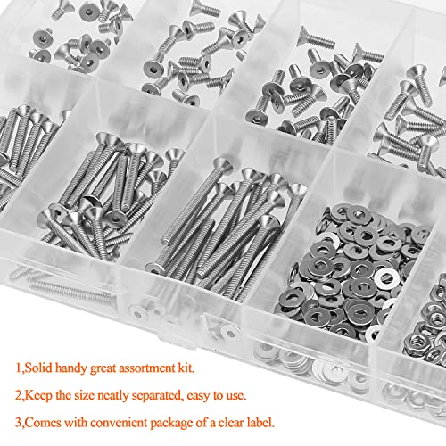 HELIFOUNER 250 Pieces #2-56 x 3/16" 1/4" 5/16" 3/8" 1/2" 5/8" 3/4" 1", Countersunk Head Socket Cap Screws Bolts Washers Nuts Kit, Coarse Thread, Fully Machine Threaded, 304 Stainless Steel - size: #2-56, style: Countersunk Head