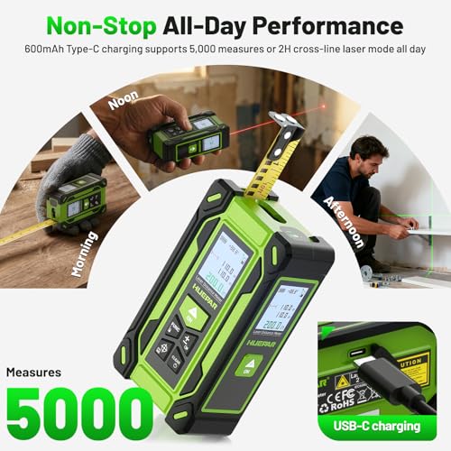 Digital Laser Tape Measure 4-in-1, HUEPAR ±1/16" Laser Measure with Dual HD Display, 200Ft Rechargeable Laser Measurement&33Ft Green Cross Line Laser&10Ft Tape, for Area/Volume/Pythagorean/Leveling