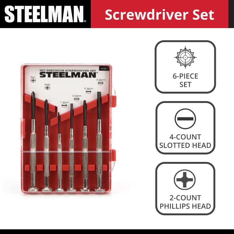 STEELMAN Precision Steel Shaft 6-Piece Electronics Screwdriver Set, Variety of Slotted/Phillips Sizes, Swivel-Head, Storage Case Included - size: 6-Piece Steel
