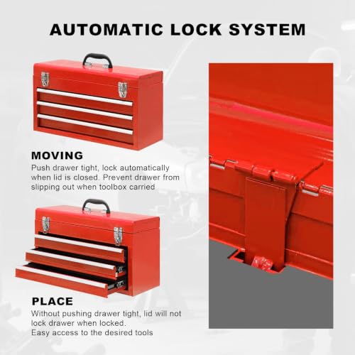 3 Drawer 20“ Metal Tool Box Portable Steel Tool Chest with Metal Latch Closure for Garage, Home and Workbench, Red - size: 20Inch-RED