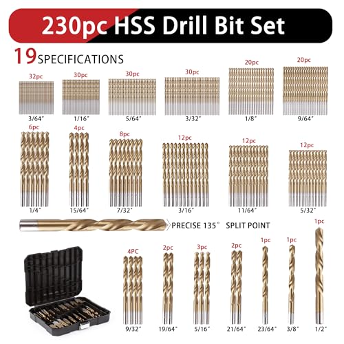 230 Pcs(3/64"-1/2") Titanium Coated HSS Drill Bit Set - size: 230pcs