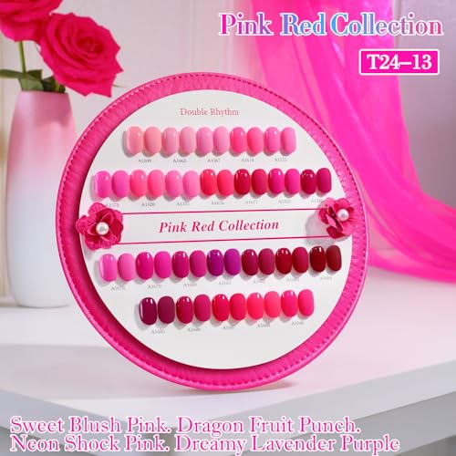 Double Rhythm 28Pcs 0.5Oz Gel Nail Polish Set Same Color Same Bottle Gel Polish Kit Nail Art Manicure Salon DIY at Home for Women (Bright Pitaya Pink Purple Red Collection-T24-13) - color: Bright Pitaya Pink Purple