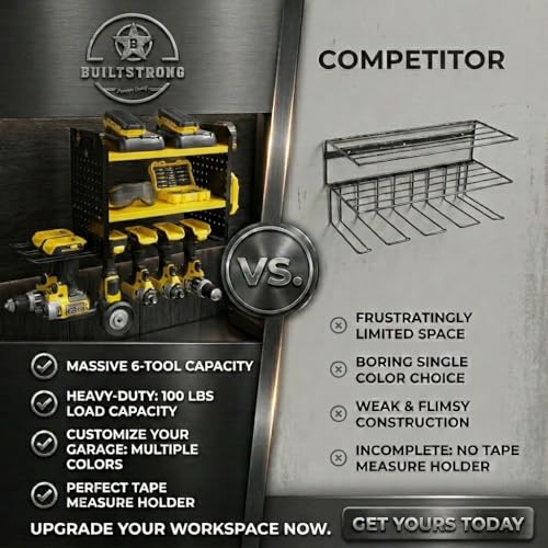 BUILTSTRONG Power Tool Organizer Wall Mount – 3-Tier Heavy-Duty Steel Rack, 6 Drill Slots, Dual Pegboard Sides, Side-by-Side Modular, 100 lb Capacity – Garage & Workshop (Yellow) - color: Yellow, size: 6 Drill Holder