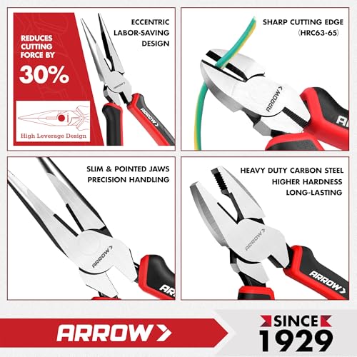 ARROW 3PC Pliers Set, Linesman Needle Nose Diagonal Cutting Pliers