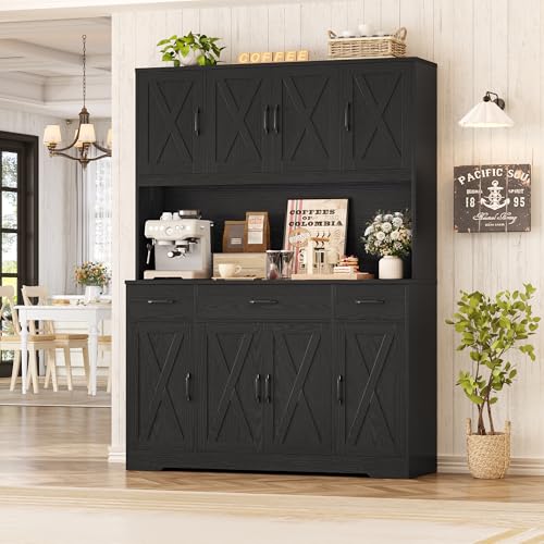HOSTACK 71" H Kitchen Pantry Cabinet, 55" Kitchen Hutch, Black Wood Grain | Large Pantry Cabinet with Charging Station / Countertop / 3 Drawers, Farmhouse Hutch Cabinet with Storage for Dining Room - color: Black Wood Grain