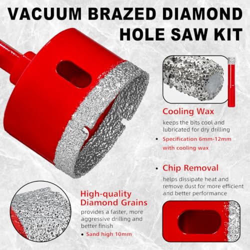 Diamond Hole Saw Kit, Tile Hole Saw Kit Vacuum Brazed 11Pcs (1/4"-2-1/2") - size: 6/8/10/20/25/28/32/35/45/65MM/2"