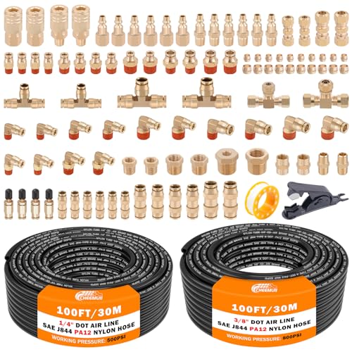 CheeMuii 100 PCS Brass DOT Air Line Fittings with 1/4" & 3/8" DOT Air Hoses - size: 2ROLL-104PCS