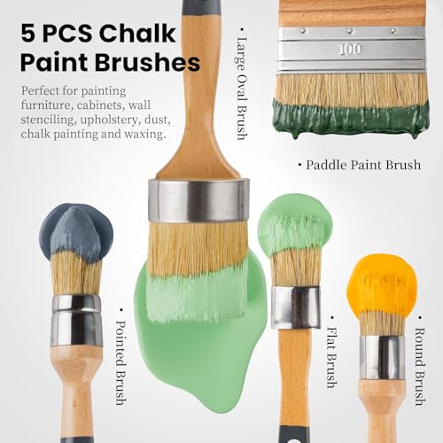 5 Pack Natural Bristle Chalk Wax Brush, Brushes for Furniture | Wooden Handles, Multi-Size Paint Brushes Apply Chalk & Milk Paint for Furniture Refinishing, Waxing, DIY Craft - size: 1 Large, 3 Small, Paddle Brush