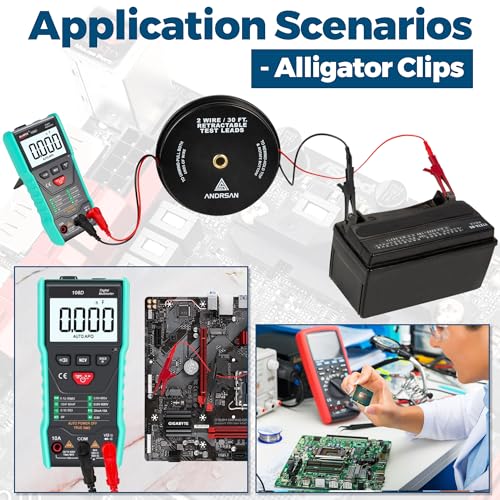 2 Wire 30 ft Retractable Test Leads with 4 mm Banana Plugs, 18 AWG Multimeter Test Leads with 4 Alligator Clips, 2 Test Probes and 2 Wire Piercing Probes, Test Lead Kit for Testing Electrical Circuits