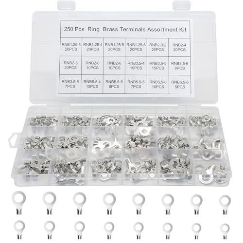 250 Uninsulated Ring Terminals, Brass Ring Connectors, AWG 22-16, 16-14, 14-12, 12-10 Crimp-On Wire Connectors, Tin-Plated Wire Terminals, Batteries