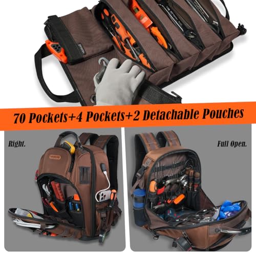 WELKINLAND 70Pockets HVAC Tool Backpack With Tool Roll, Tool Bag Backpack