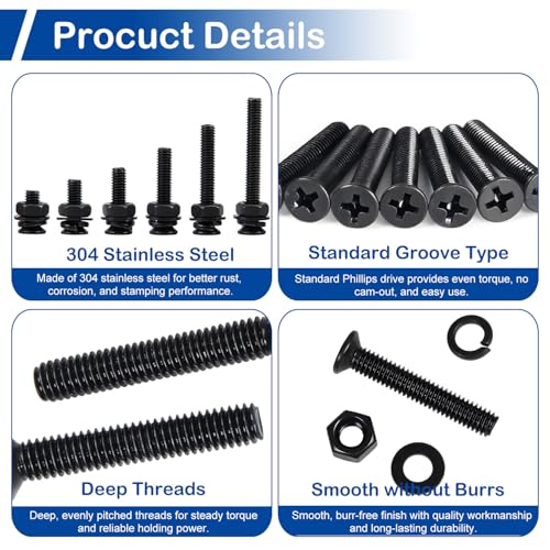 480Pcs M4 Countersunk Screws Assortment Kit with Nuts and Washers (6-25mm) - size: M4 x 6-25mm Kit