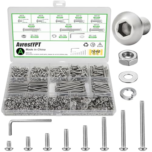 1040PCS M3 Assorted Nuts and Bolts Kit, M3x6/8/10/12/20/25/30/40mm Screw Kits, Metric Hex Button Head Cap Screws, Nuts and Flat Washers, for 3D Printer Mods, Bed Frame, Furniture, Automotive - size: M3x6/8610/12/20/25/30/40-1040Pcs