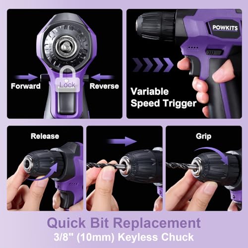 8V Purple Cordless Drill Set for Women, Starter Tool Kit with Drill | Electric Drill, USB Charger, 3/8" Keyless Chuck, 139-PIECE Tool Set with Drill for Home Repairs, DIY Project