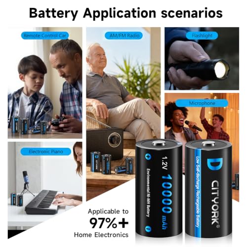 CITYORK 4 Pack 10000mAh Rechargeable D Batteries with Charger, 8 Bay LCD Universal Battery Charger for 1.2V AA AAA C D Ni-MH/Ni-CD Rechargeable Batteries, USB Quick Charge