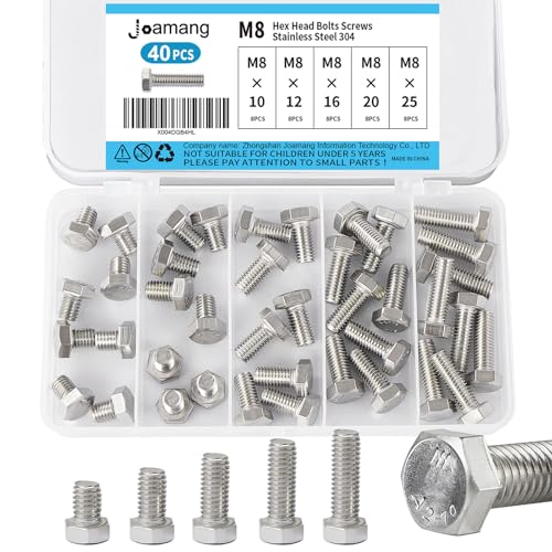 M8 x 10mm 12mm 16mm 20mm 25mm Hex Bolts, Hexagon Head Screws, 304 Stainless Steel(A2-70), Metric Fully Thread, Bright Finish, Assortment Kit 40PCS - size: M8x10-25mm(40PCS)