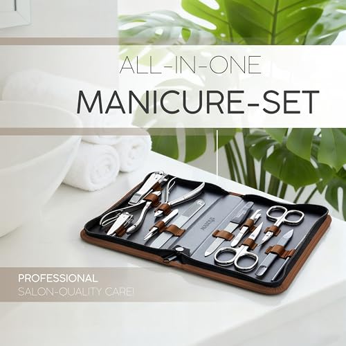 Manicure Set Women and Men – 12-Piece Professional Grooming Kit with Premium Tools, Genuine Leather Case, and exclusive Glass Nail File for Hand & Foot Care, German Quality - color: Brown