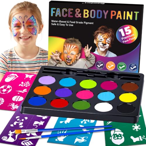 Drawdart Face Painting Kit for Kids - 15 Colors Non-Toxic Water Based Face Paint with Stencils & Brushes - Parties, Birthdays, Halloween Face Body Makeup Kit - color: 15 Colors Kit