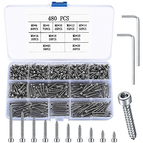 Metric Hex Socket Cap Head Self Tapping Screws, 480pcs M3 Stainless Steel Socket Head Cap Wood Screws Assortment Kit, Hex Drive Head Cap Self Drilling Screws(480 Silver) - color: 480 Silver
